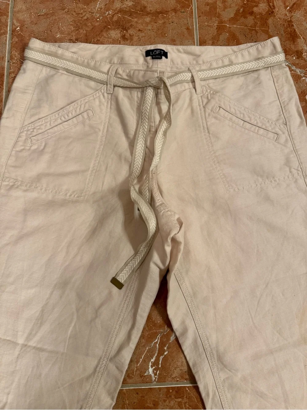 LOFT Marisa Cream Linen Cotton Blend Crop Pants Fold Up Capris Sz 10 Belt NWOT